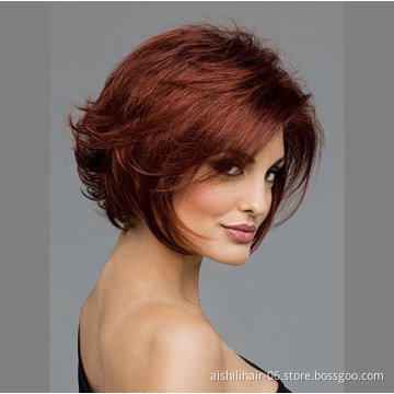 Wholesale women synthetic wigs short natural wave hair dark brown color wigs for Mature women